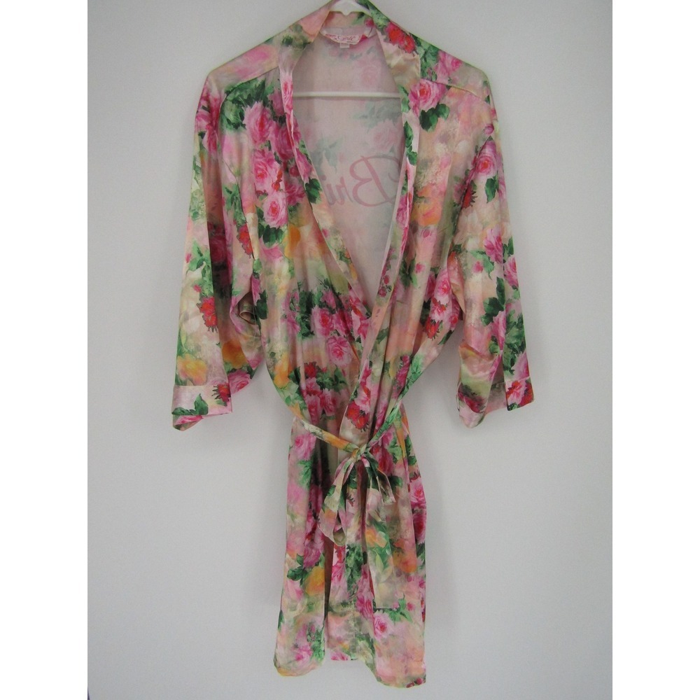 Pink Floral Robe 1X/2X Pink Floral Satin Bride Embroidered Kimono Wedding Chic